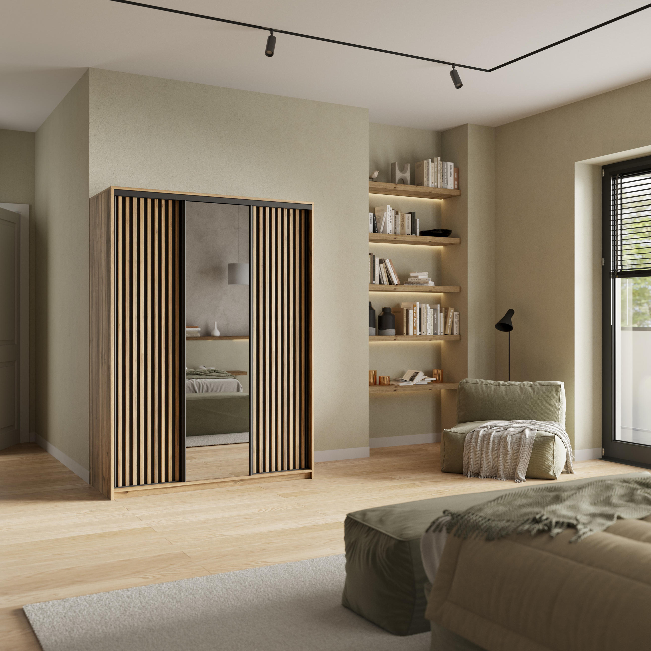 SCHWEBETÜRENSCHRANK ORRA 150/205/60 cm 3-türig mit Spiegel und Lamellen Eiche Wotan - Eiche Wotan/Schwarz, Holzwerkstoff (150/205/60cm) - MASSENO