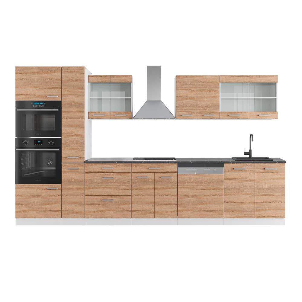KÜCHENZEILE R-Line Sonoma/Weiß 350 cm mit Hochschrank, AP Anthrazit - Weiß/Sonoma Eiche, Holzwerkstoff (350/81.6/60cm) - Vicco