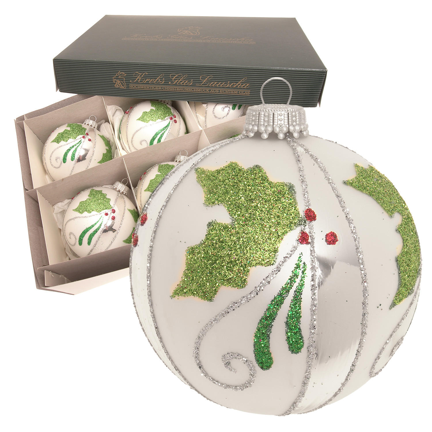 CHRISTBAUMKUGELN Ilex und Streifen Silberfarbig 8cm (Glas / 6 Stk.) - Silberfarben, Glas (8/8/8cm) - Krebs Glas Lauscha