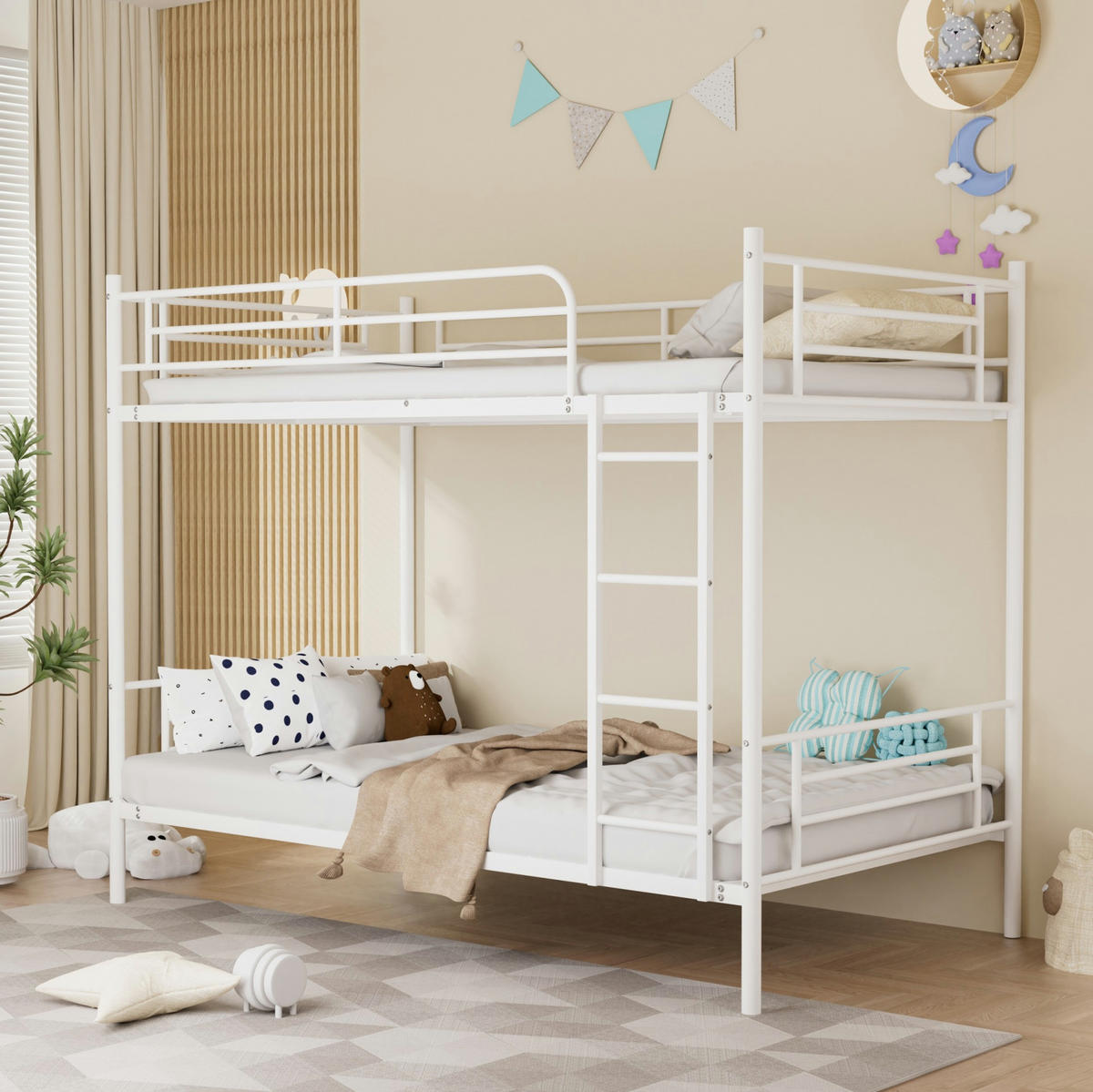 ETAGENBETT Stahl 90x190 cm Weiß mit Leiter und Absturzsicherung - Weiß, Metall (90/190cm) - Modfu