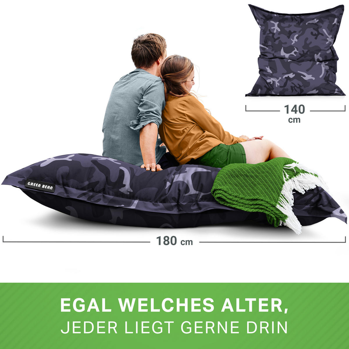 RIESEN-SITZSACK "Square" 140x180cm 380 L - Multicolor, Textil (140/25/180cm) - Green Bean