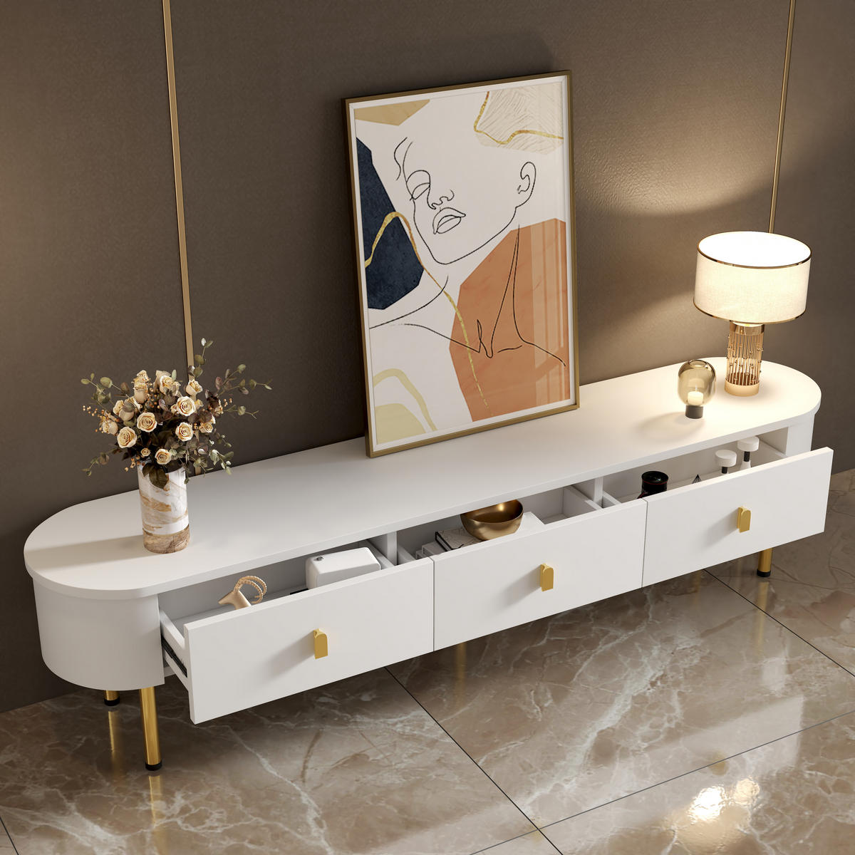TV-ELEMENT174X35X41CM mit 3 Schubladen und abgerundeten Ecken WeißGold - Weiß, Holz (41.91/27.94/45.08cm) - Raelunyi