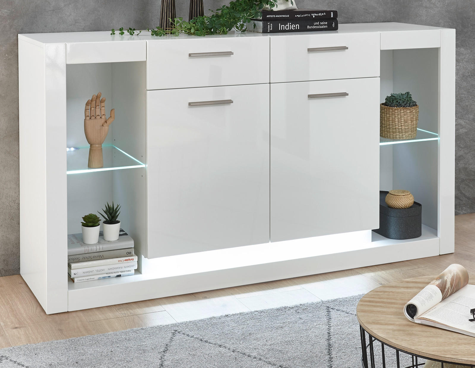 SIDEBOARD weiß Hochglanz 150 cm, Kommode mit viel Stauraum - Weiß Hochglanz/Silberfarben, Glas/Holzwerkstoff (150/83/43cm) - Furn.Design