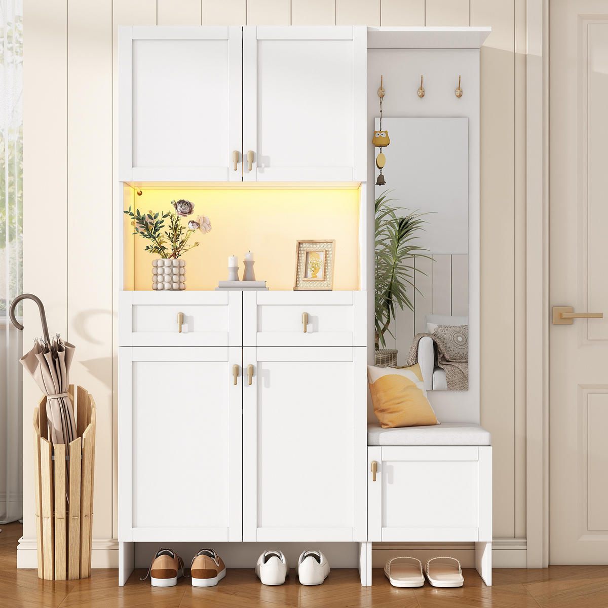 GARDEROBE-SET in Weiß Highboard mit Schuhbank Schuhschrank 3 Haken 5 Türen 2 Schubladen für Flur ,B120/T33.5/H180cm - Weiß, Holzwerkstoff (120/180/33.5cm) - STILVORA