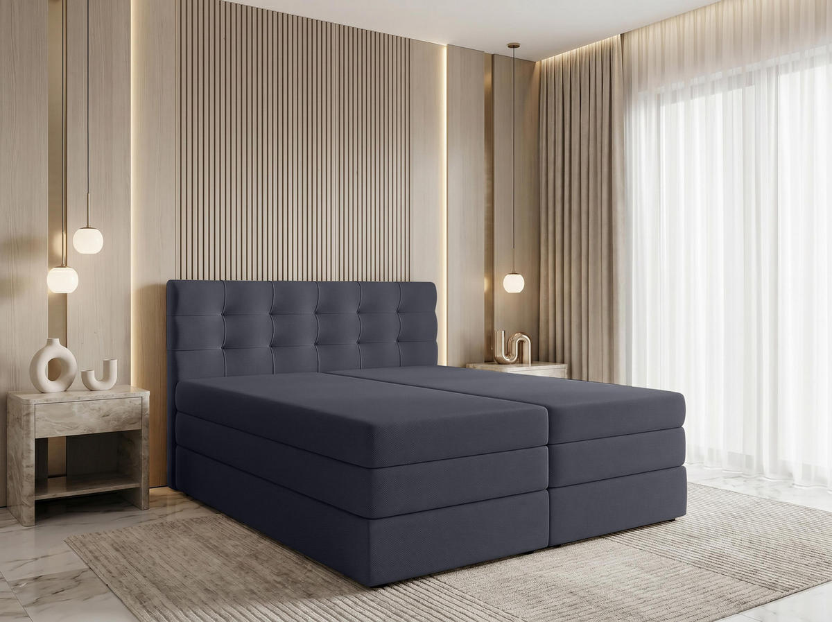 BOXSPRINGBETT FINIKE 160x200 cm mit Bettkasten und 2 Matratzen - Grau + TOPPER - Hellgrau/Schwarz, Holz/Holzwerkstoff (160/200cm) - AX Living