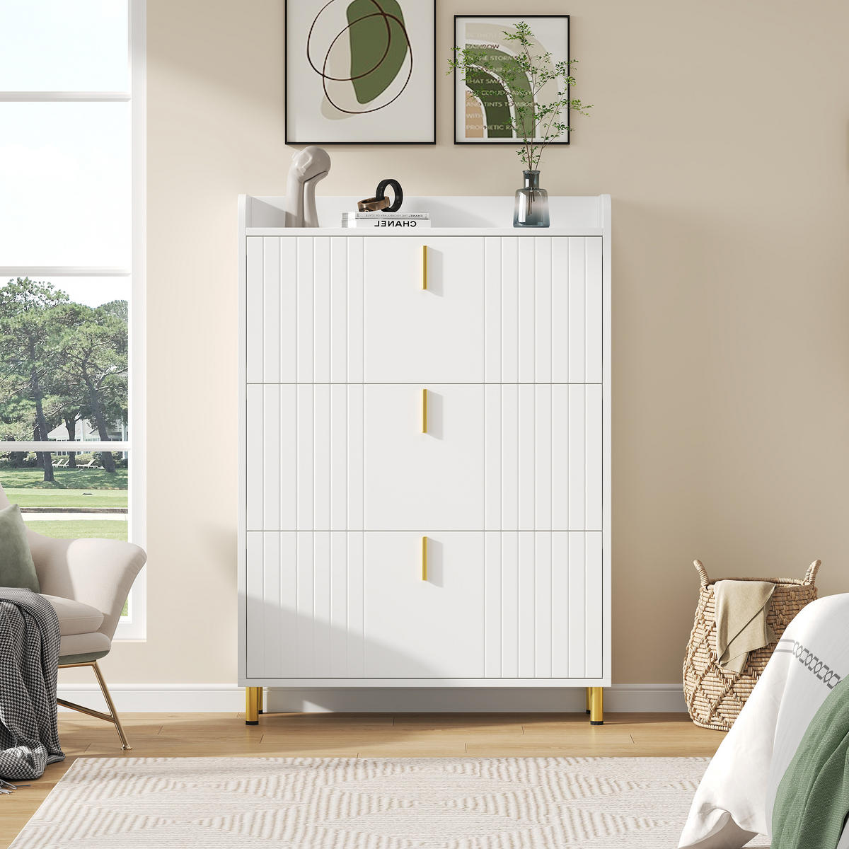 SCHUHSCHRANK aus MDF 80x23x123.5cm in Weiß mit 3 Klappen - Weiß, Holzwerkstoff (80/123.5/23cm) - Modfu