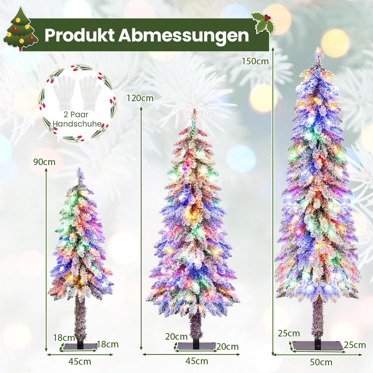 WEIHNACHTSBAUM Tannenform mit Beleuchtung und Schnee 90/120/150 cm weiß(3-tlg) - Weiß, Metall (150cm) - COSTWAY