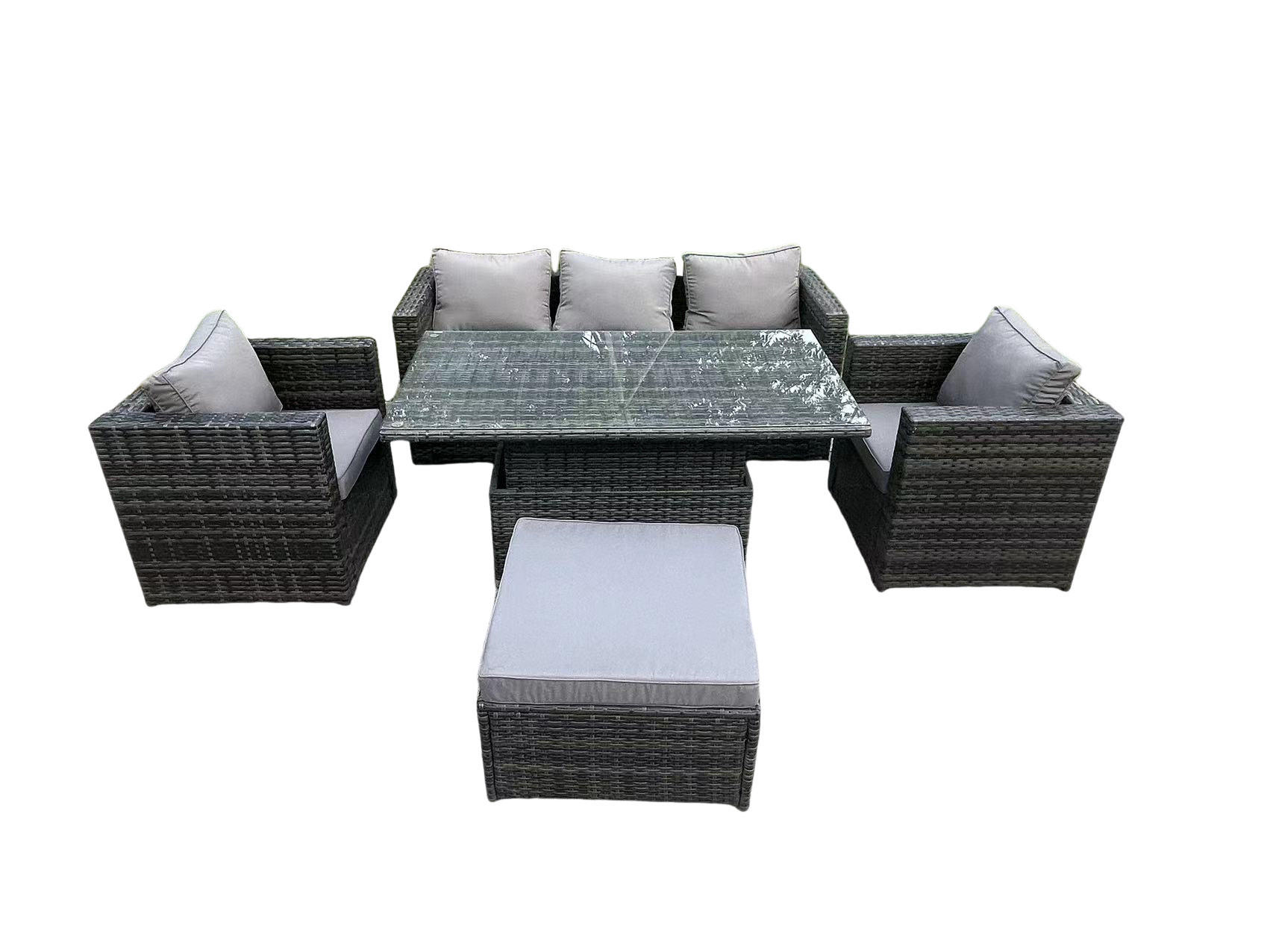 GARTENSET Polyrattan 6-Sitzer - Dunkelgrau/Grau, Glas/Kunststoff - Fimous
