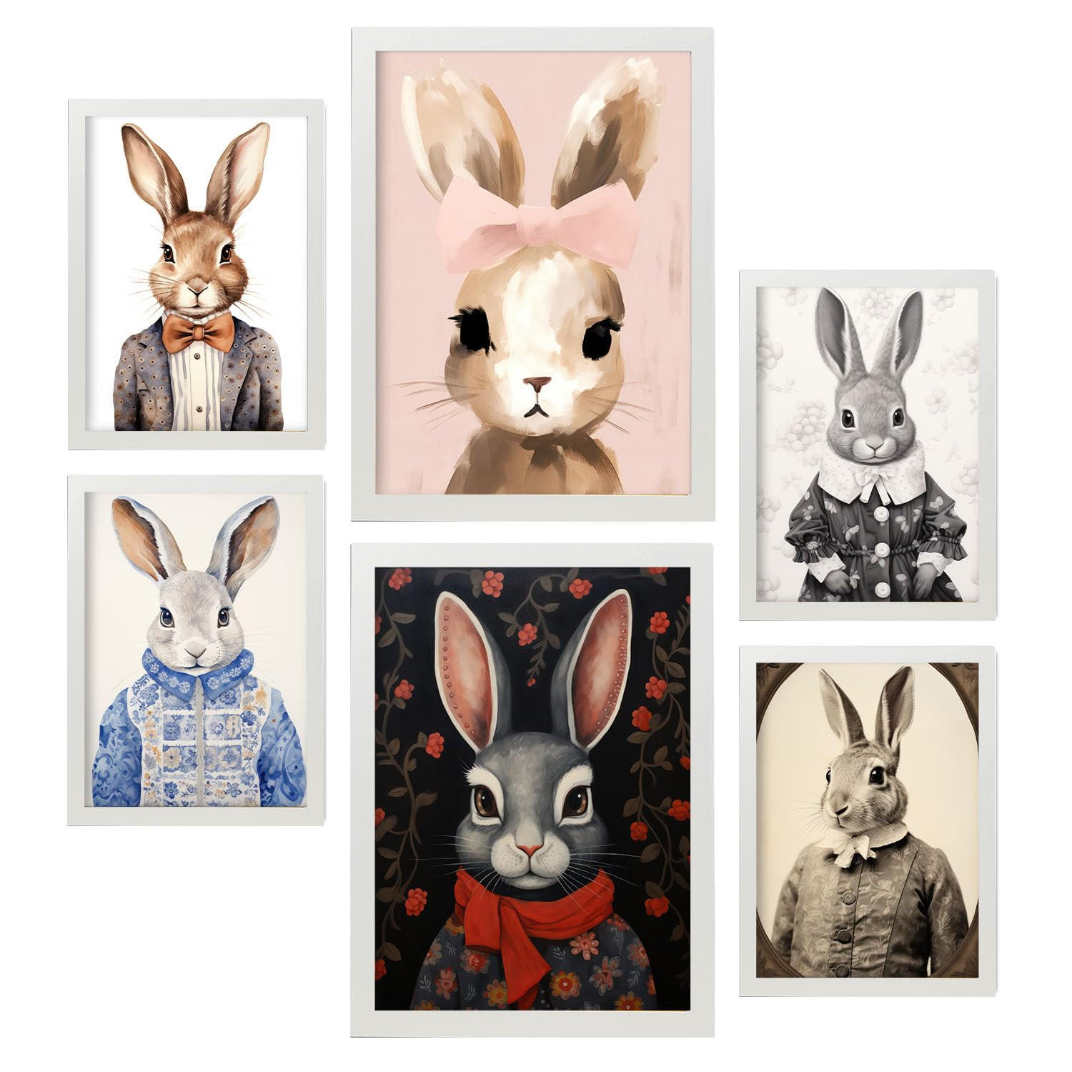 POSTER Set Mit 6 Kaninchen Und Hasen A3 & A4 Weißer Rahmen - Weiß, Papier (29/3cm) - Nacnic