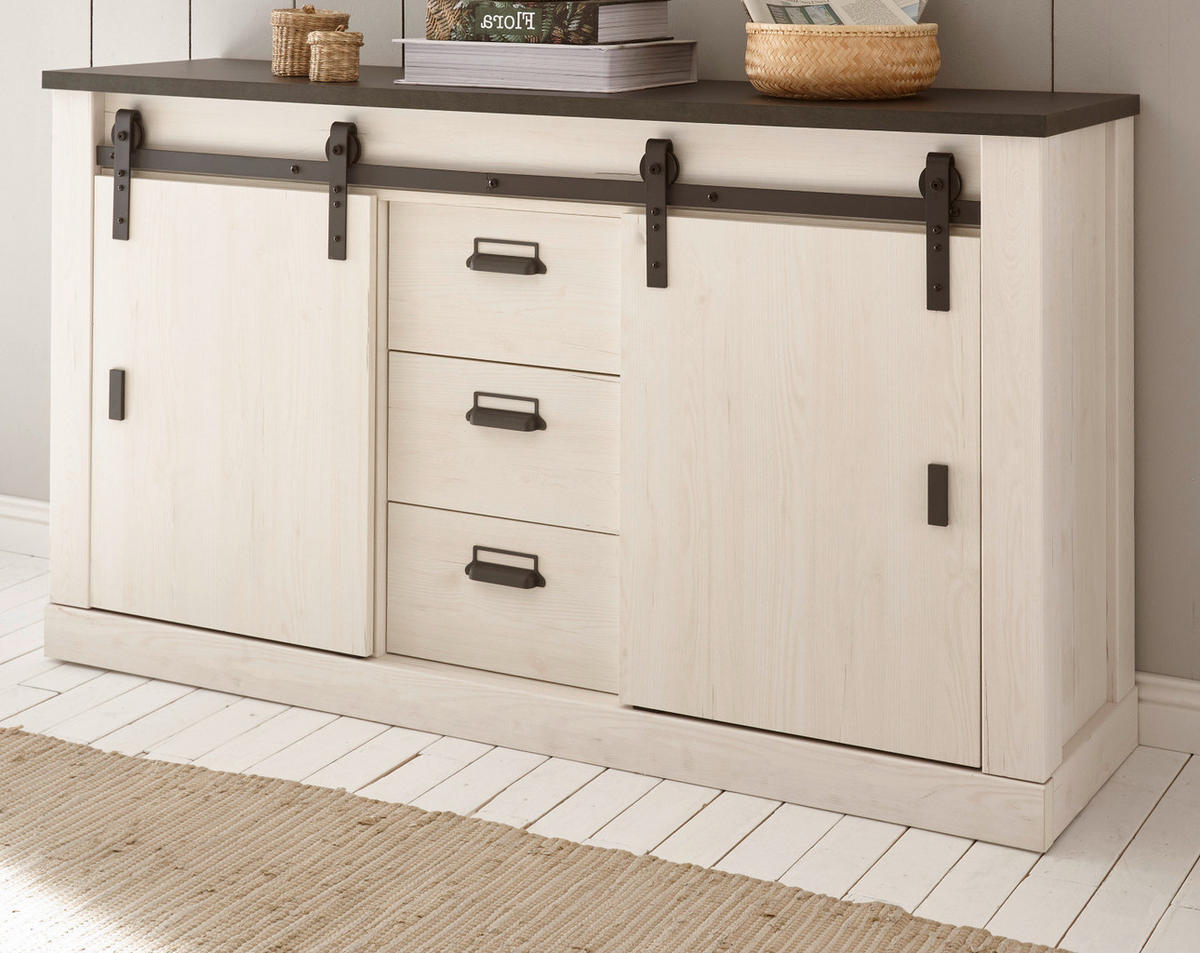 ESSZIMMER-SET weiß Pinie, anthrazit, Speisezimmer 3-teilig mit Esstisch, Vitrine, Sideboard - Anthrazit/Weiß, Holzwerkstoff/Metall (275/201/80cm) - Furn.Design