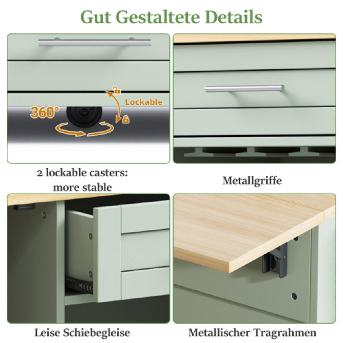KÜCHENINSEL Antikgrün aus MDF mit ausziehbarer Arbeitsplatte 138 × 70 × 92 cm - Grün, Holzwerkstoff (138/92/70cm) - Luhomfu