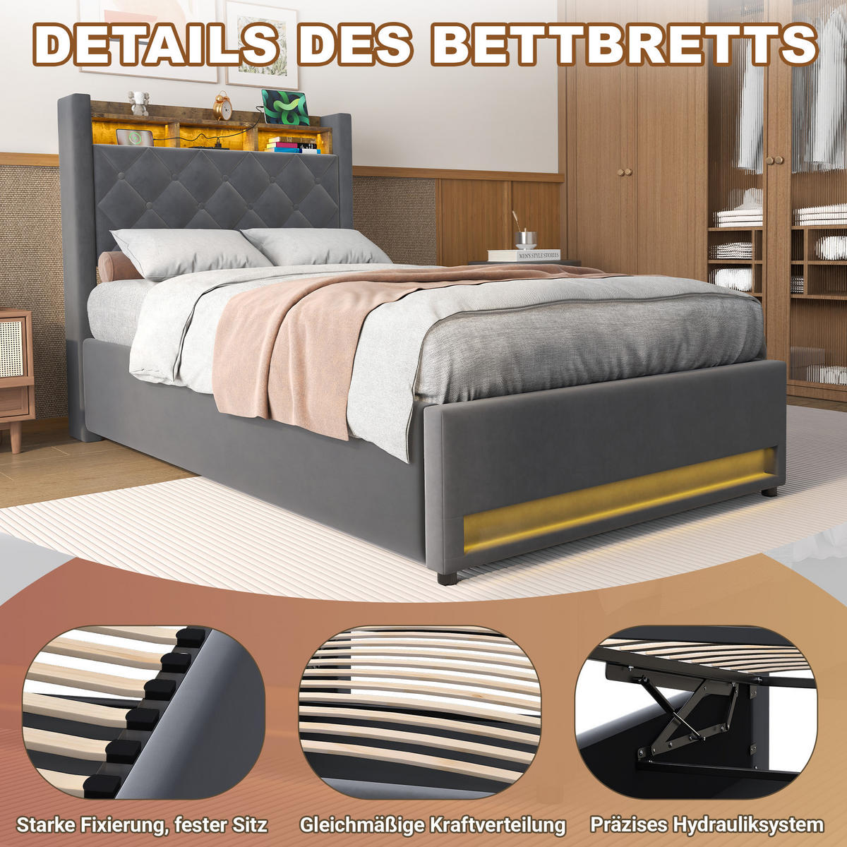 POLSTERBETT 90/200 cm in Dunkelgrau Samt mit Bettkasten, LED-Beleuchtung und USB-Anschluss - Dunkelgrau, Holzwerkstoff/Textil (90/200cm) - CHICFURN