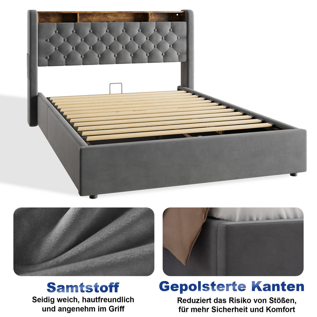 POLSTERBETT 140/200 cm mit hydraulischem Bettkasten, Schubladen, Klappbares Kopfteil, LED-Beleuchtung, Grau - Grau, Textil (140/200cm) - Redom