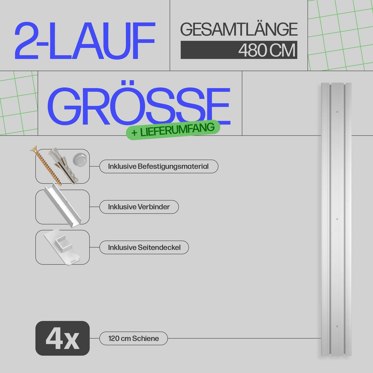 GARDINENSCHIENE - Komplettset inkl. Zubehör 480cm (4x120cm) 2-läufig - Weiß, Kunststoff (10/480cm) - Bestlivings