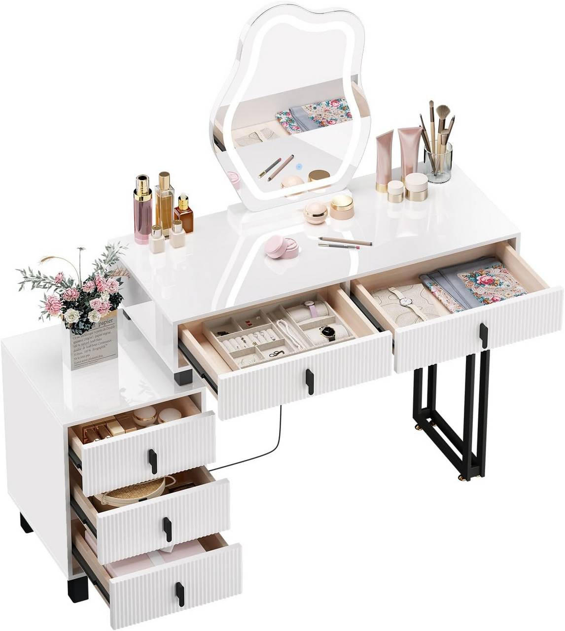 SCHMINKTISCH mit LED, Spiegel, Weiß+Schwarz - Schwarz/Weiß, Glas/Holz (90/130/38cm) - Woltu