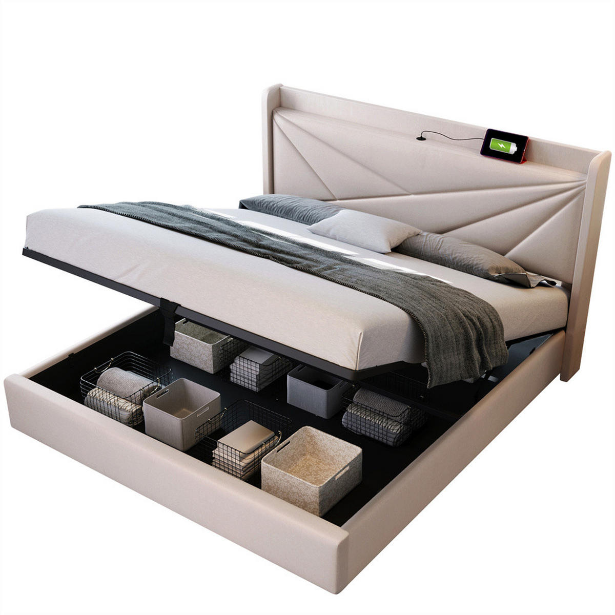 POLSTERBETT 180/200cm in Beige Leinen mit USB Typ C Ladefunktion Kopfteil - Beige, Holz/Textil (180/200cm) - KOMHTOM