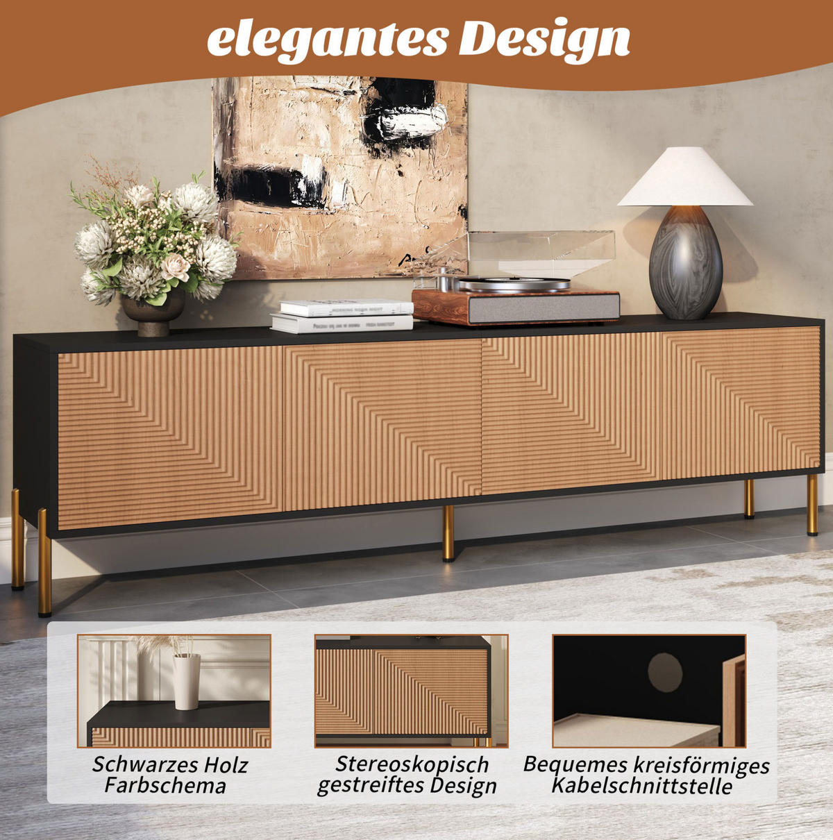 TV-LOWBOARD aus Spanplatte 179x35x53,5 cm Schwarz/Natur mit 4 Türen und goldfarbenen Metallfüßen - Hellbraun, Holzwerkstoff (179/53.5/35cm) - IVMEU