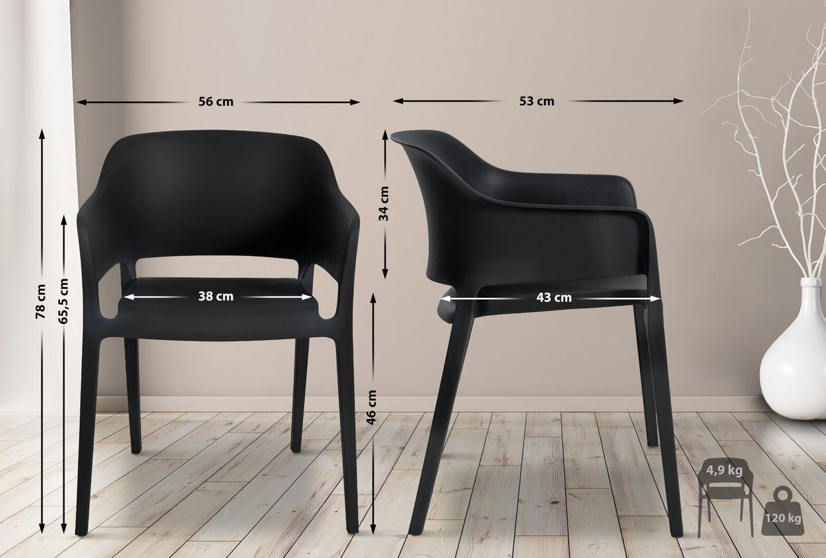 GARTENSTUHL 4er Set Kunststoff schwarz - Schwarz, Kunststoff (56/78/53cm) - CLP