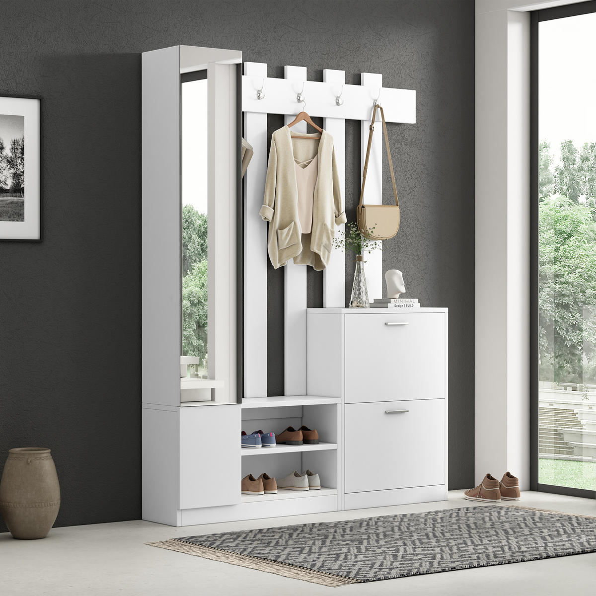 KOMPAKTGARDEROBE Spiegel Schuhschrank Hängeschrank Weiß - Weiß, Holzwerkstoff (135/180/25cm) - FLIEKS