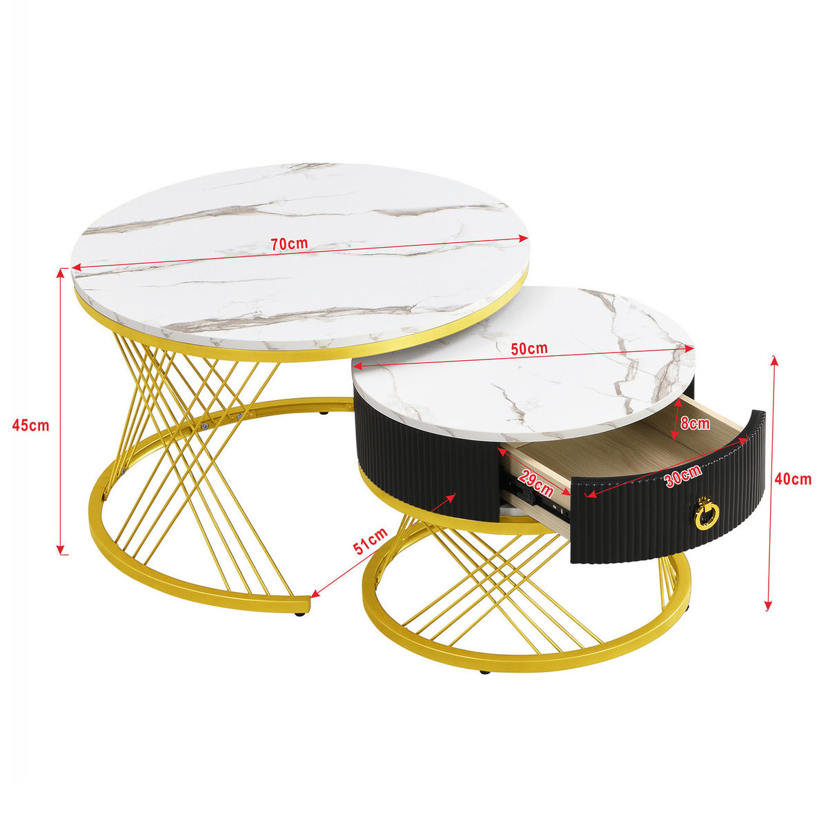 COUCHTISCH 70/70/45 cm und 50/50/40 cm in Weiß/Gold aus MDF mit Schublade - Weiß, Holzwerkstoff (70/70/45cm) - OKMYHOME