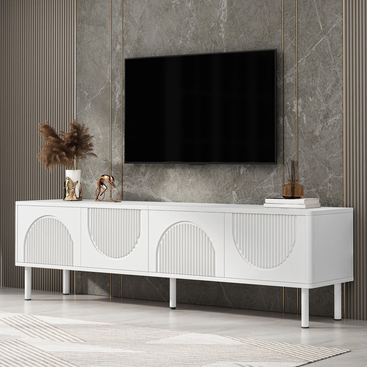 TV-LOWBOARD mit 4 Fächern 180 cm Weiß aus MDF und Spanplatte - Weiß, Holzwerkstoff (40/52/180cm) - Beauniv