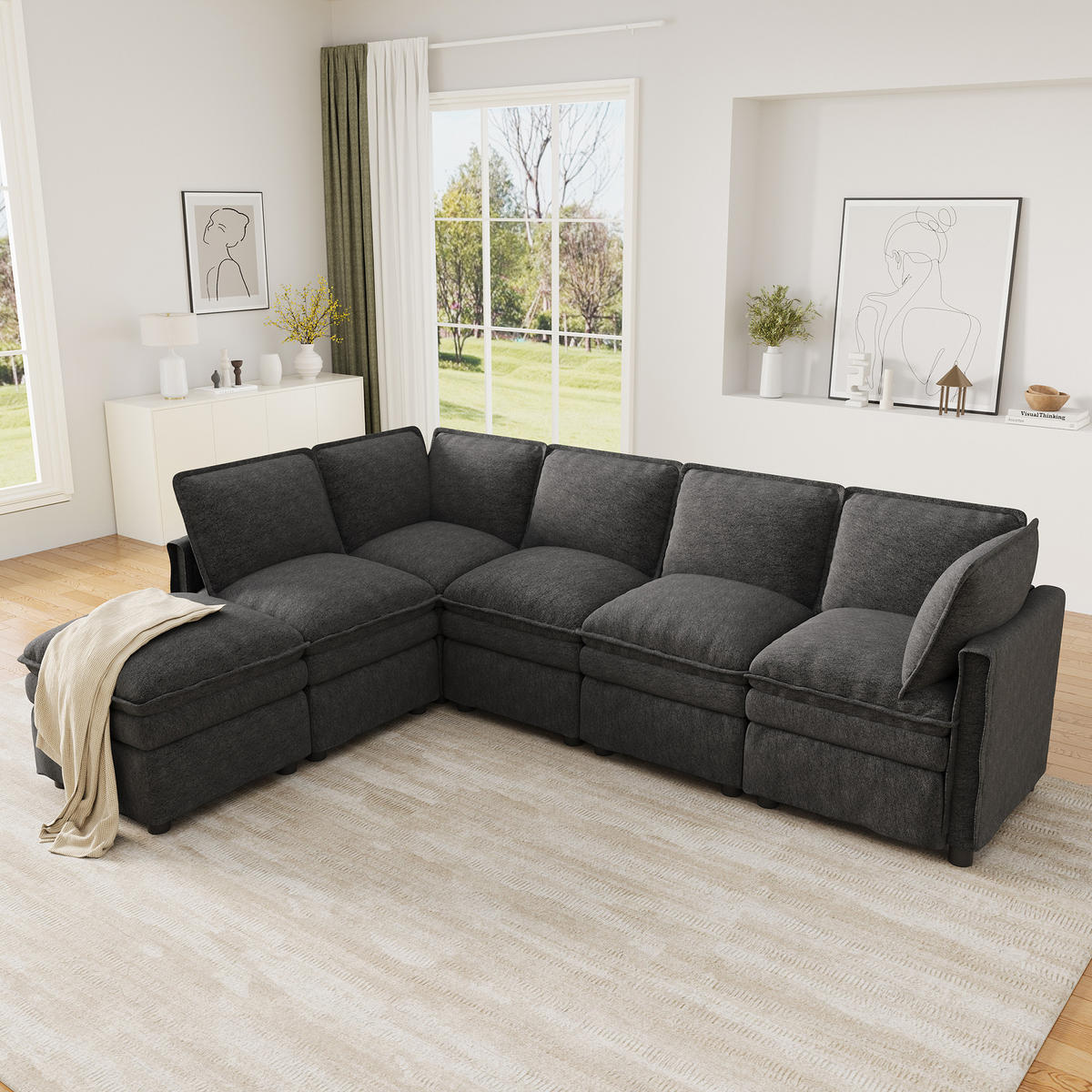 ECKSOFA DE-33261 XXL modular U-/L-Form mit Hocker Grau - Grau, Holzwerkstoff (344/127cm) - ComfortXL