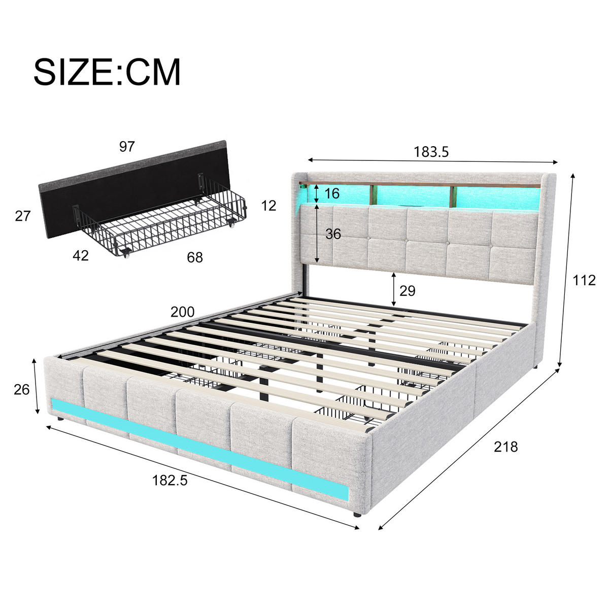 POLSTERBETT 180x200 cm Beige Stoff LED USB Typ-C 4 Schubladen - Beige, Holz (180/200cm) - SHOPENTRA
