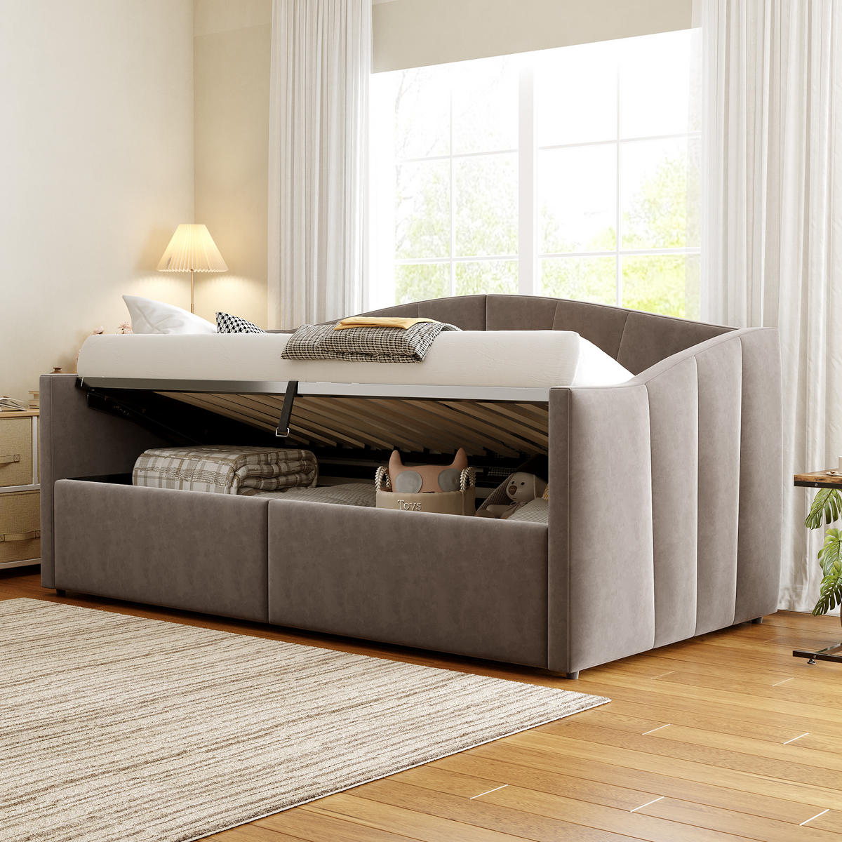 POLSTERBETT 90/200 cm Grau mit hydraulischer Lagerung und Lattenrost - Grau, Textil (90/200cm) - OKWISH