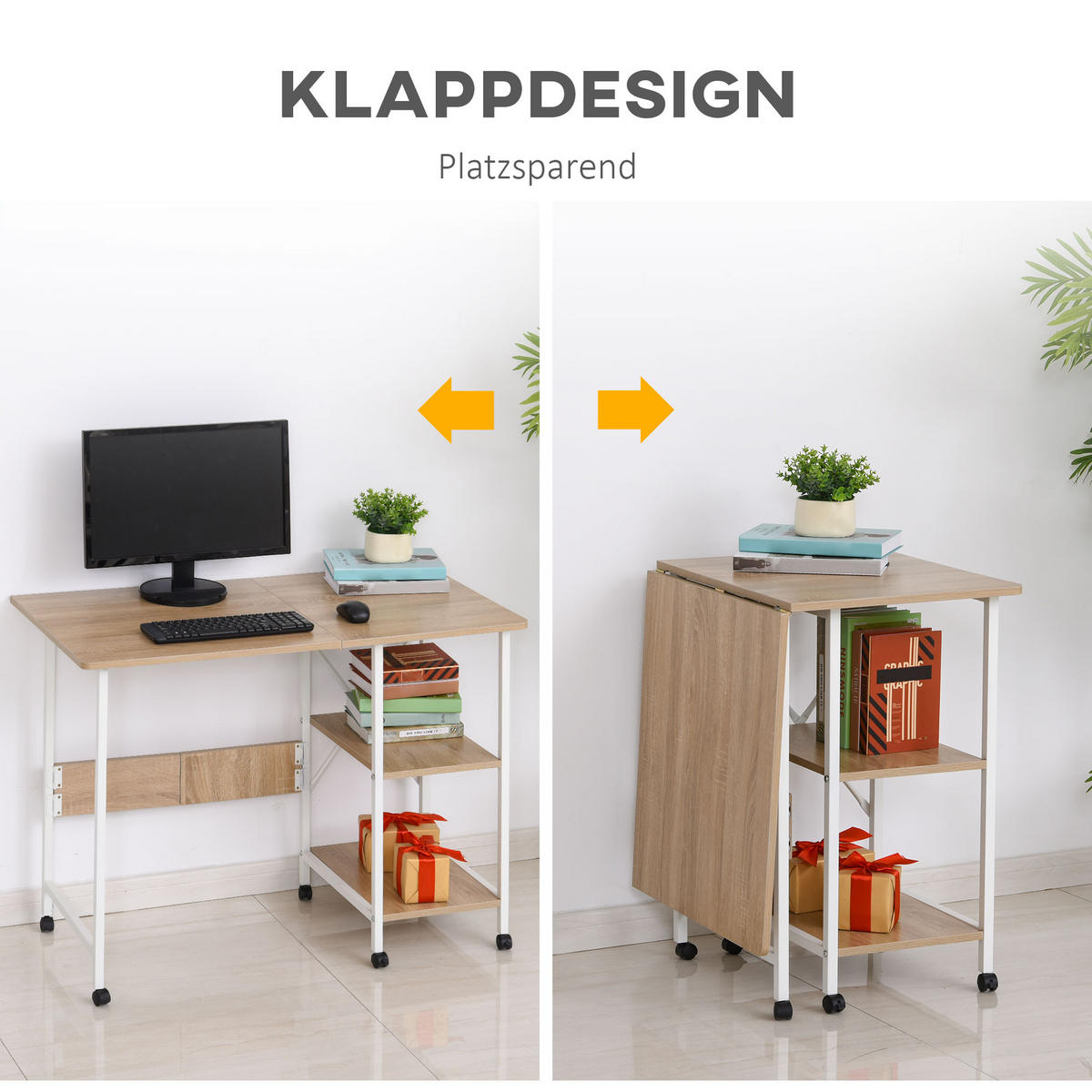 KLAPPTISCH , MDF, Weiß+Natur - Weiß, Kunststoff (55/76/107cm) - HOMCOM