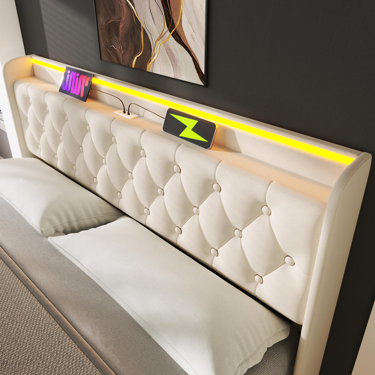 POLSTERBETT 140/200 cm weiß aus PU mit LED, Stauraum und USB Typ-C - Weiß, Kunststoff (140/200cm) - OKMYHOME