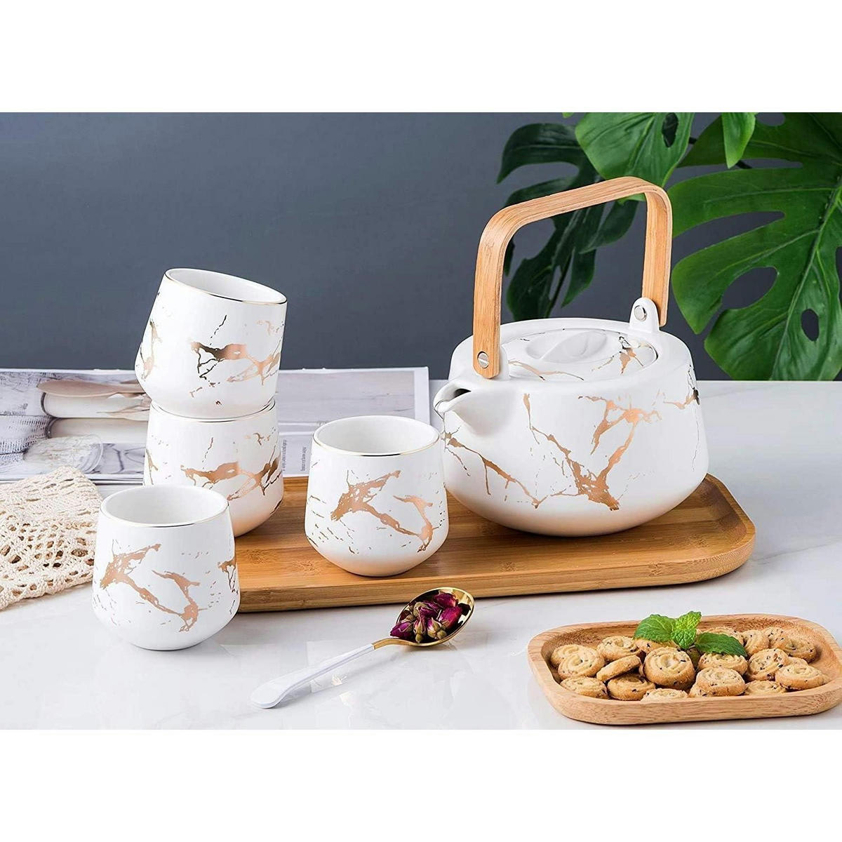 TEESERVICE 5-teiliges Set Marmor-Muster Weiß - Weiß, Keramik (18.5/19/17cm)