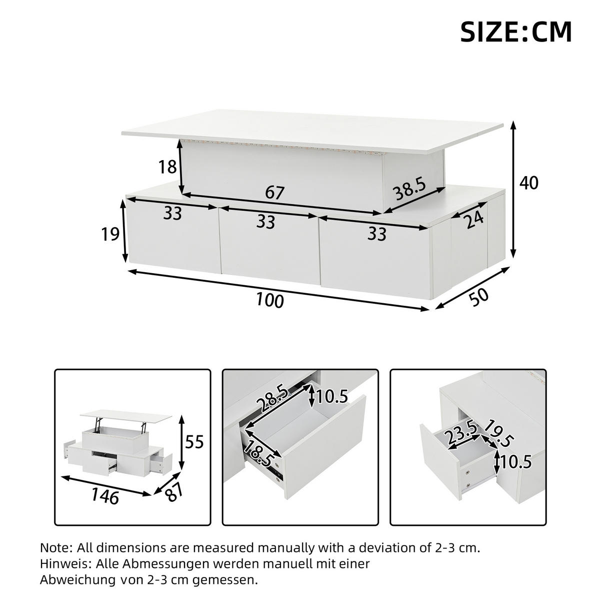 COUCHTISCH 100/50/40 cm weiß aus MDF mit LED und Stauraum - Weiß, Holzwerkstoff (100/50/40cm) - OKMYHOME
