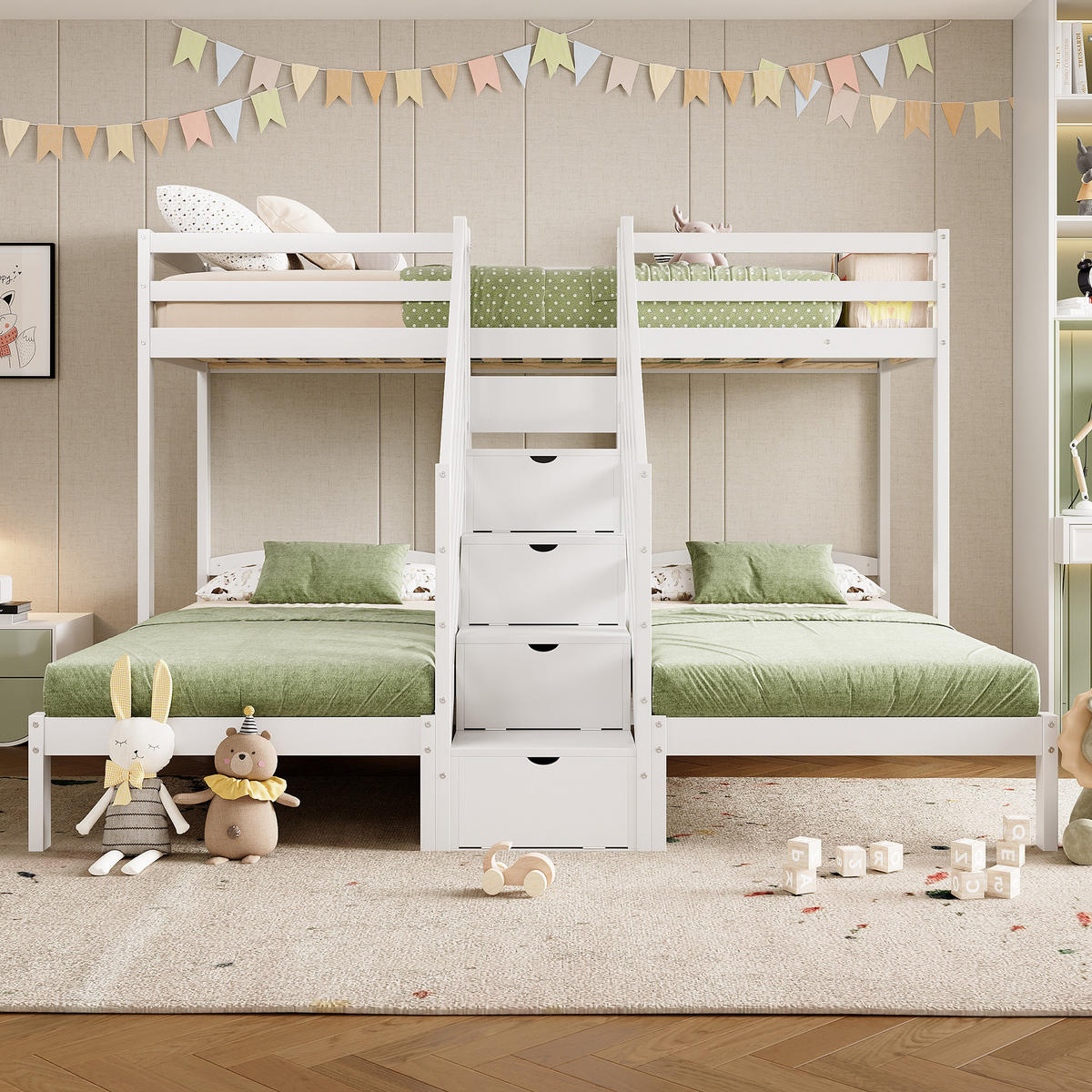 HOCHBETT 90x200cm Weiß Kiefernholz 3 Betten EN747 Leiter mit Schubladen - Weiß, Holz (90/200cm) - FLIEKS