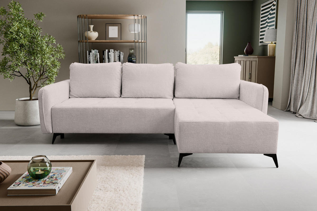 ECKSOFA Lucky in L-Form mit Schlaffunktion und Bettkasten, Farbe: Beige, Strukturstoff, Ottomane Links oder Rechts - Beige, Textil (275/160cm) - VENASI MÖBEL