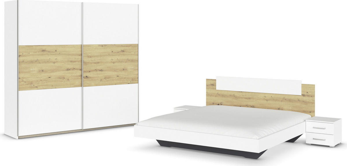 SCHLAFZIMMER Borba in Weiß und Eiche 4 teilig – mit Bettanlage 180x200cm, zwei Nachttisch und Schwebetürenschrank 218cm Breite - Weiß, Holzwerkstoff (80/200/120cm)