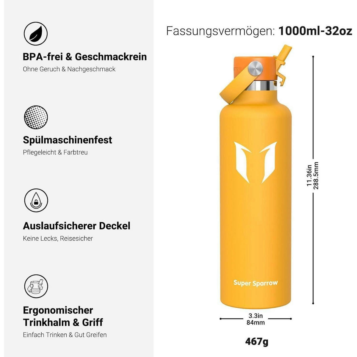 TRINKFLASCHE Edelstahl 1000 ml Mango - Orange, Metall (8.4/8.4cm)