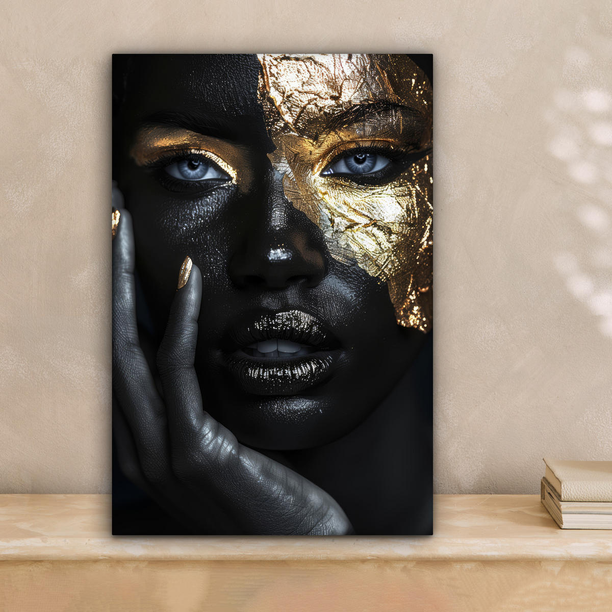 LEINWANDBILD Frau - Gold - Porträt - Schwarz-Weiß - Luxus Deko Wohnzimmer 20x30 cm - Hellblau, Textil (20/30cm) - MuchoWow