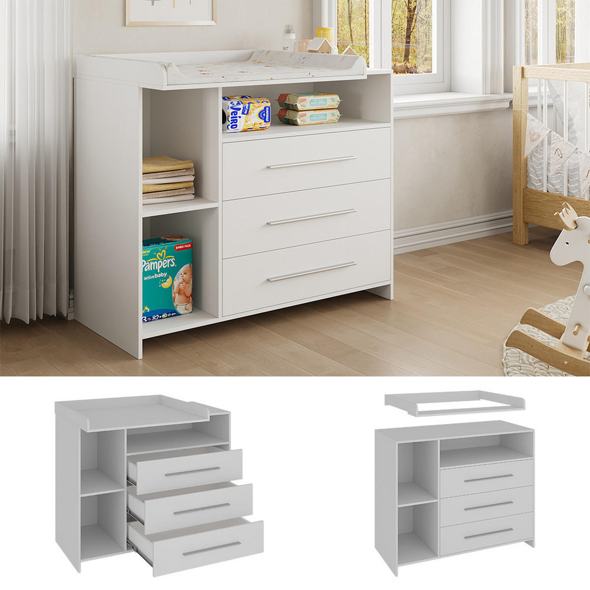 WICKELKOMMODE Paula Weiß 110 x 93.5 cm mit Wickelaufsatz - Weiß, Holzwerkstoff (110/93.5/53cm) - Vicco