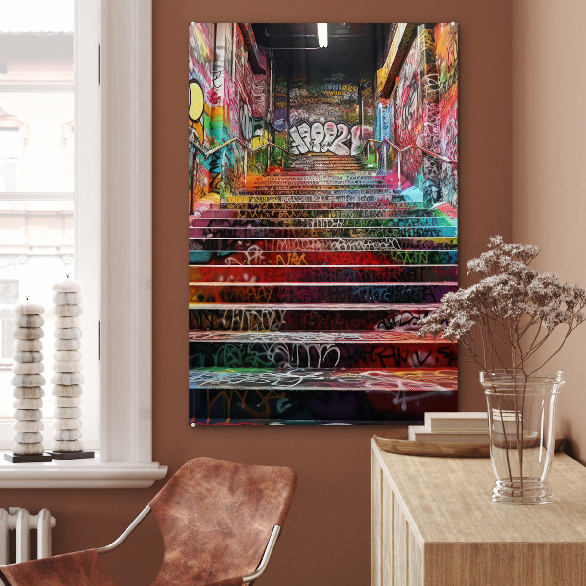 ACRYLGLASBILD Treppe - Graffiti - Farben - Kunst 60x90 cm - Multicolor, Glas (60/90cm) - MuchoWow