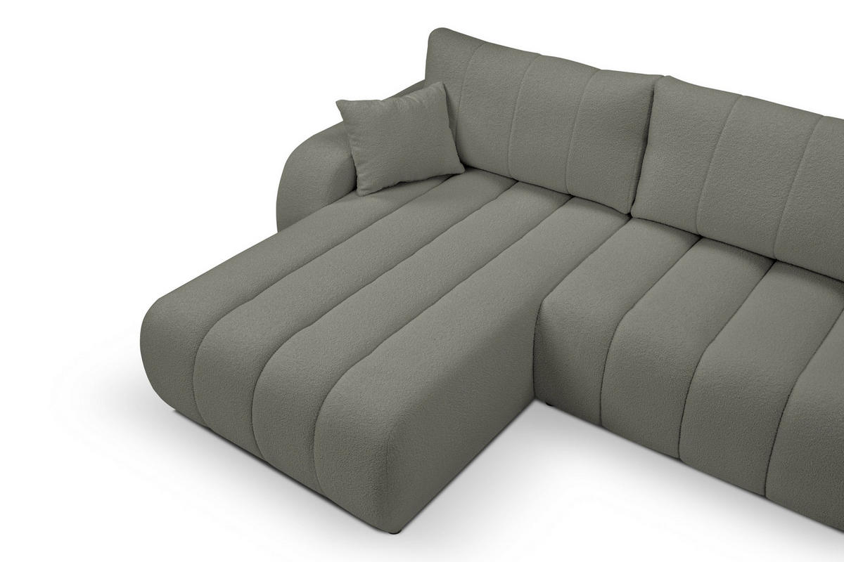 ECKSOFA GIOIA L-S Grau Boucle-Stoff mit Schlaffunktion - Grau, Holz (276/176cm) - MASSENO