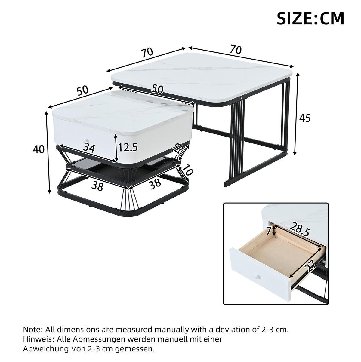 COUCHTISCH-SET, Hochglanz-Marmoroptik mit schwarzem Metallrahmen, 1 Schublade, 70/70/45 + 50/50/40 cm,Weiß - Weiß, Holzwerkstoff (70/70/45cm) - Redom