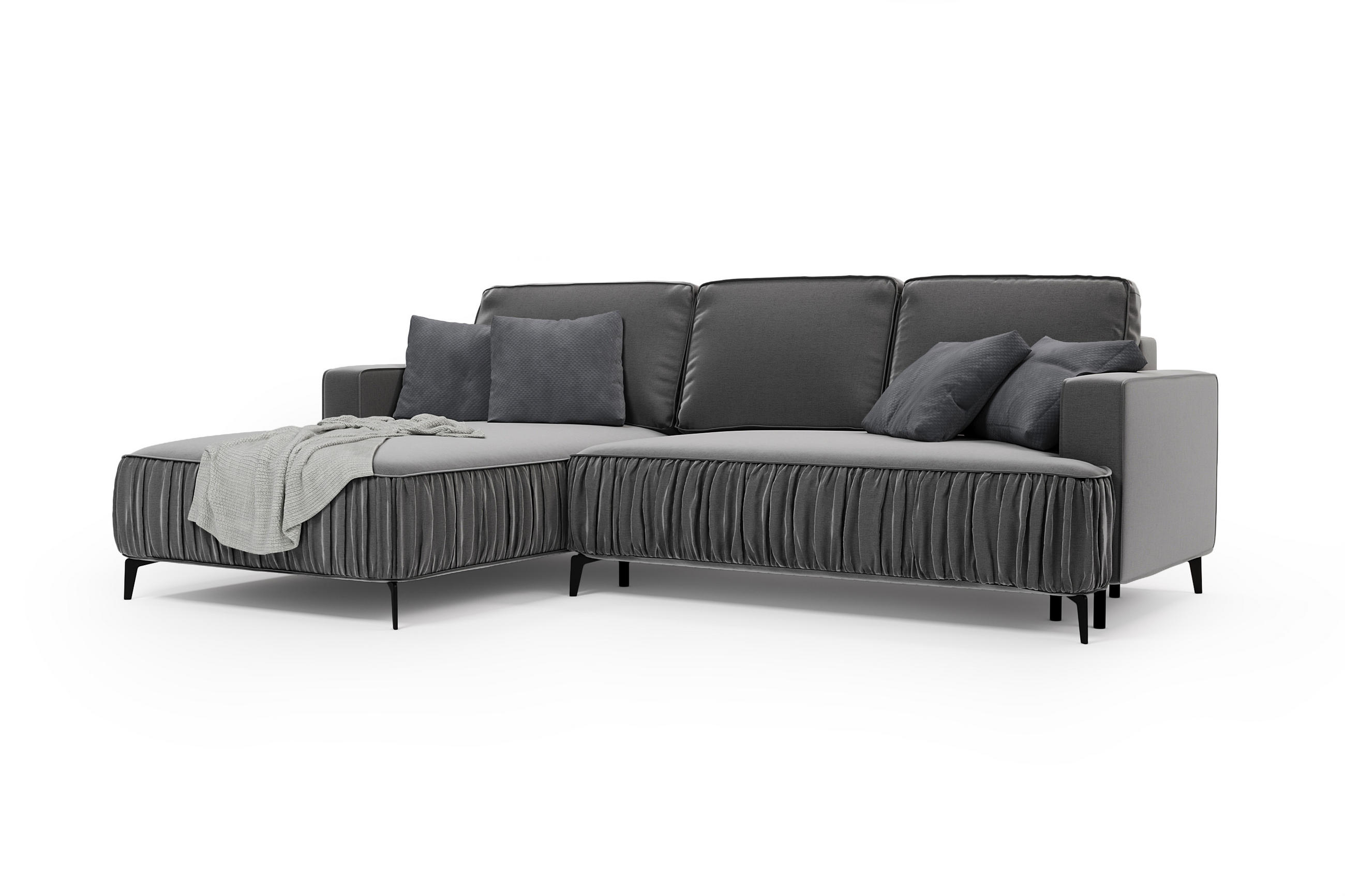 ECKSOFA GLANZ mit Schlaffunktion und Bettkasten – Grau, links - Schwarz/Grau, Textil/Metall (268/177cm) - MebleHot