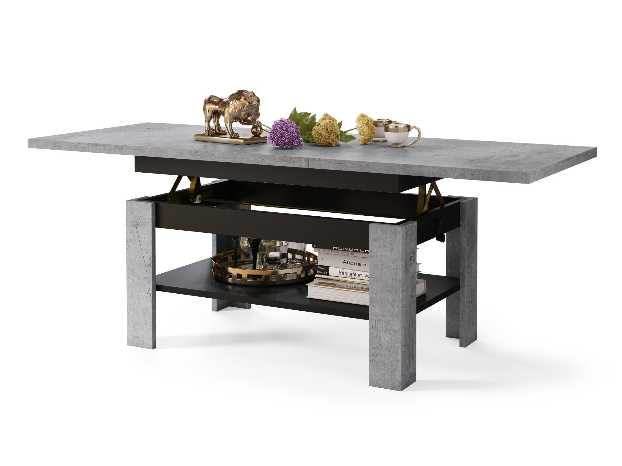 COUCHTISCH rechteckig Beton - Schwarz ausziehbar höhenverstellbar - Hellgrau/Schwarz, Holzwerkstoff (65/130/58cm) - designimpex