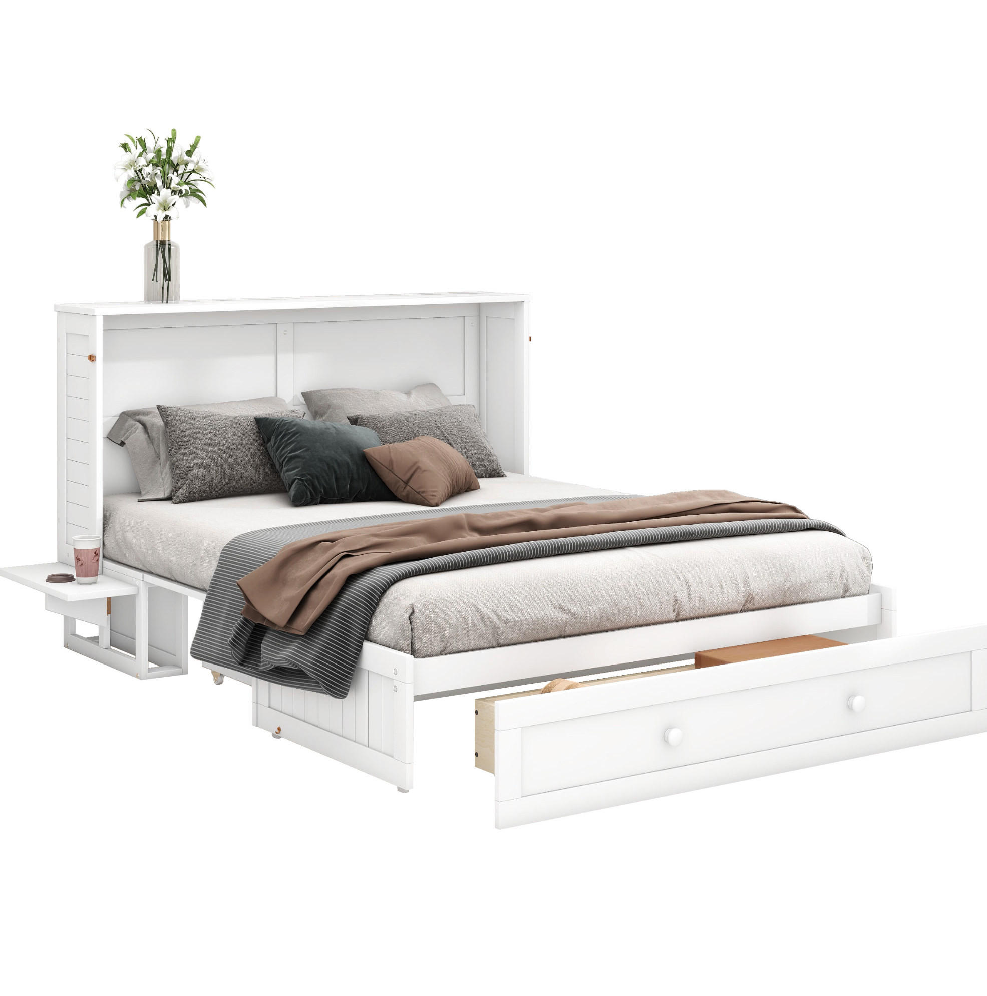 OKWISH PATROVÁ postel 140/200 cm bílá z borovice a MDF s úložnou zásuvkou a policemi
