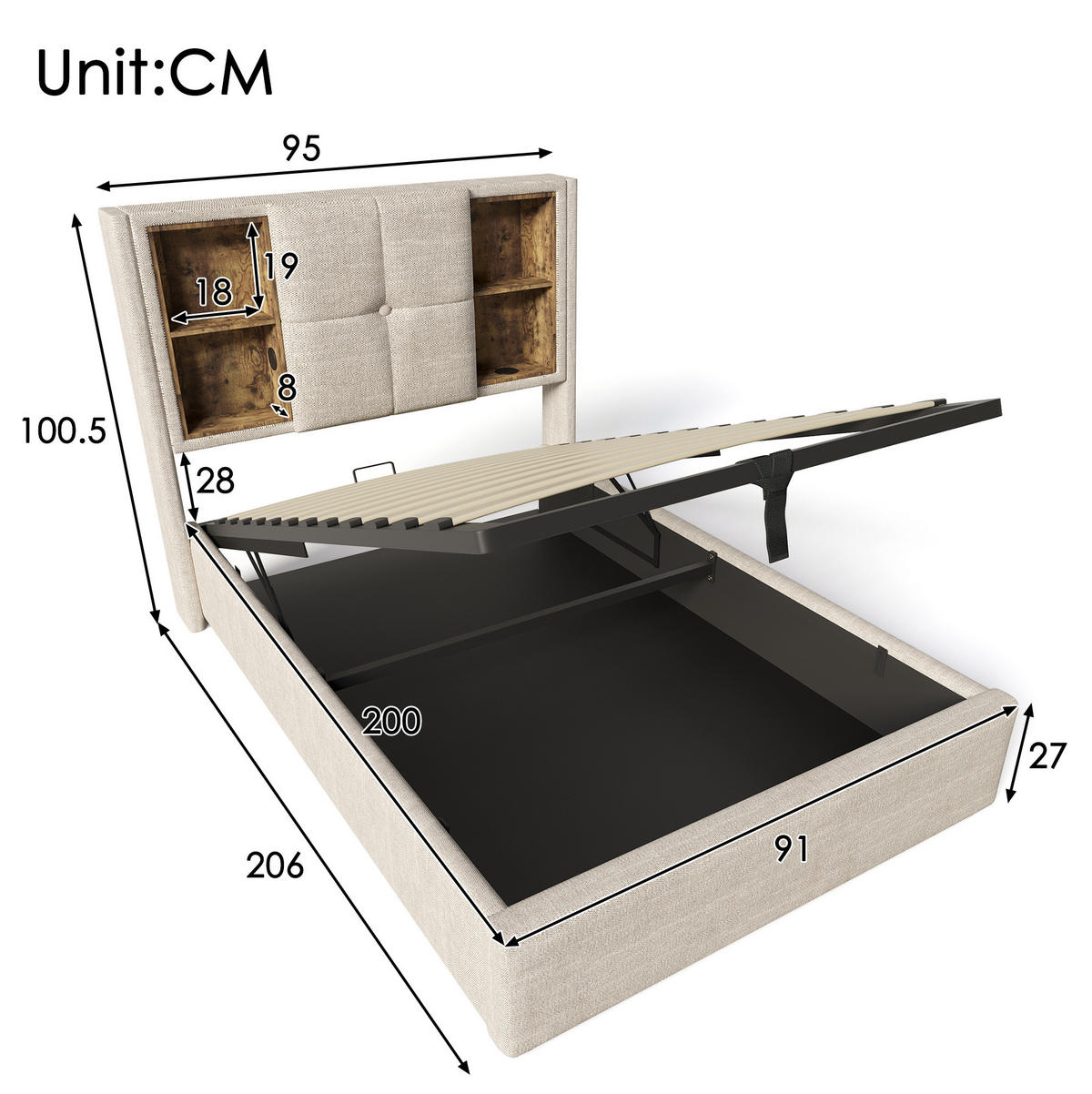 POLSTERBETT 90/200 cm Natur mit Stauraum, USB- und Type-C-Anschlüssen - Naturfarben, Textil (90/200cm) - Flora Grace