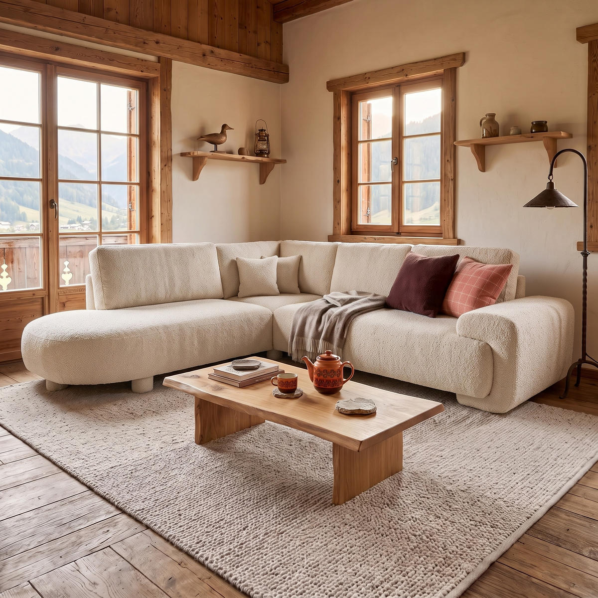 4-SITZER Ecksofa MIRABEL L Links 285x255 cm Bouclé Creme - Creme, Holz/Kunststoff (285/255cm) - Muffo