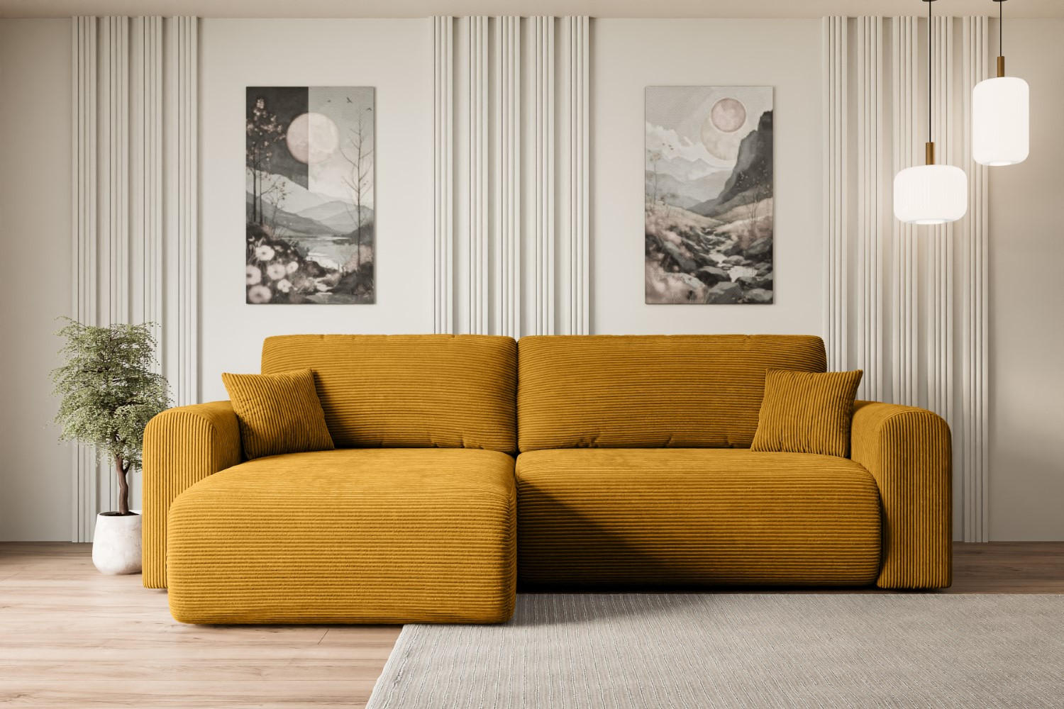 ECKSOFA mit Schlaffunktion und Bettkasten ORRO-L - 272x145x83 cm Senfgelb Cord - Gelb/Schwarz, Holzwerkstoff/Kunststoff (272/145cm) - ALTDECOR