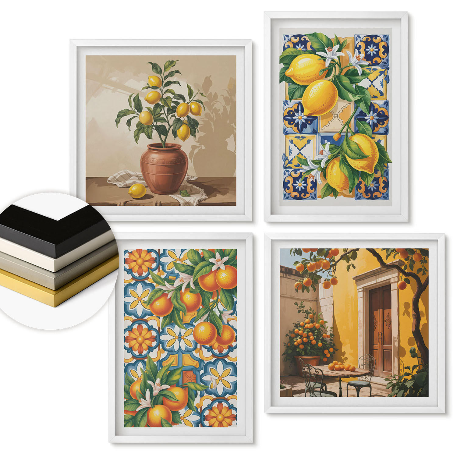 WANDBILDER 4er-Set - 50x50 cm & 40x60 cm Weißer Rahmen - Zitronenorange Blütenmuster - Weiß, Kunststoff (50/50cm) - ArtPrintCave
