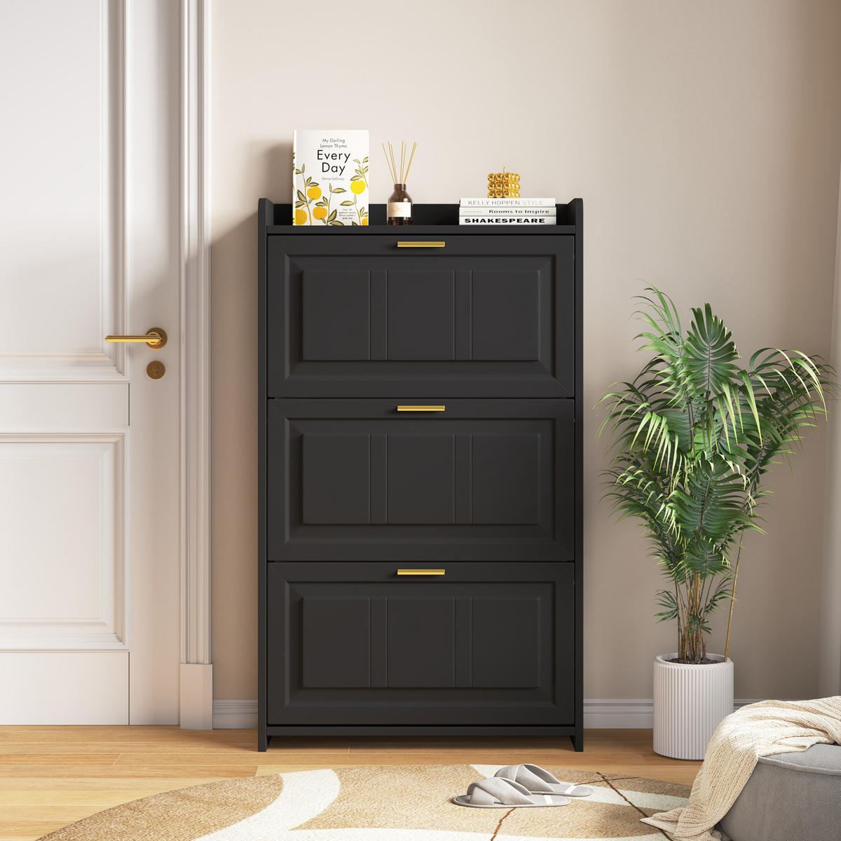 SCHUHSCHRANK aus MDF & Spanplatte 70x24x120cm in Schwarz mit Klapptüren - Schwarz, Holzwerkstoff (70/120/24cm) - Modfu