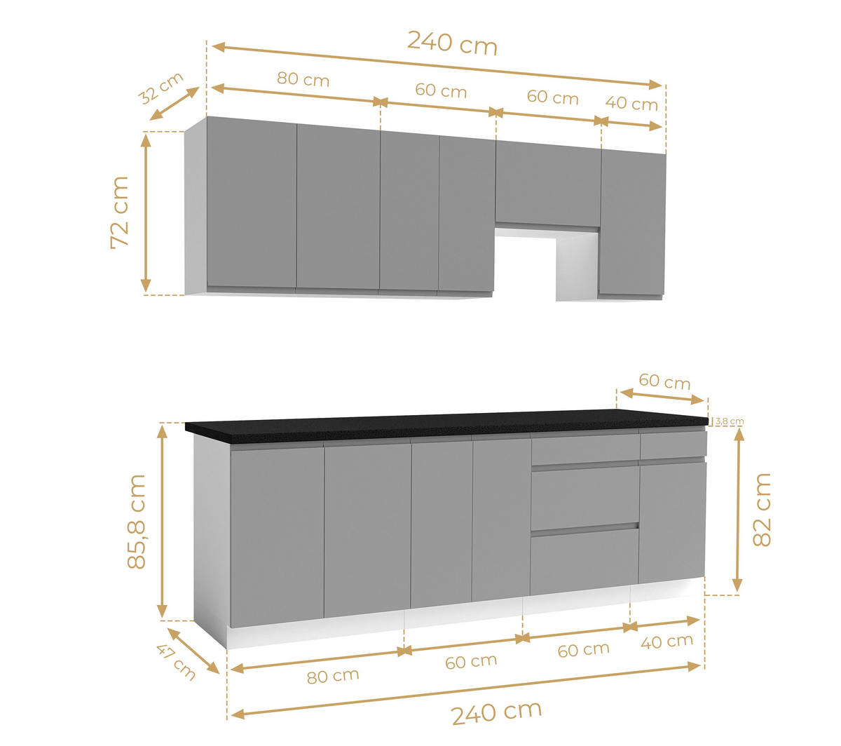 KÜCHENLEERBLOCK Aquileia 240 cm Grau mit Weißem Korpus mit Arbeitsplatte Vulkanisch Schwarz - Schwarz/Grau, Holzwerkstoff (240/157.8/60cm) - AX Living